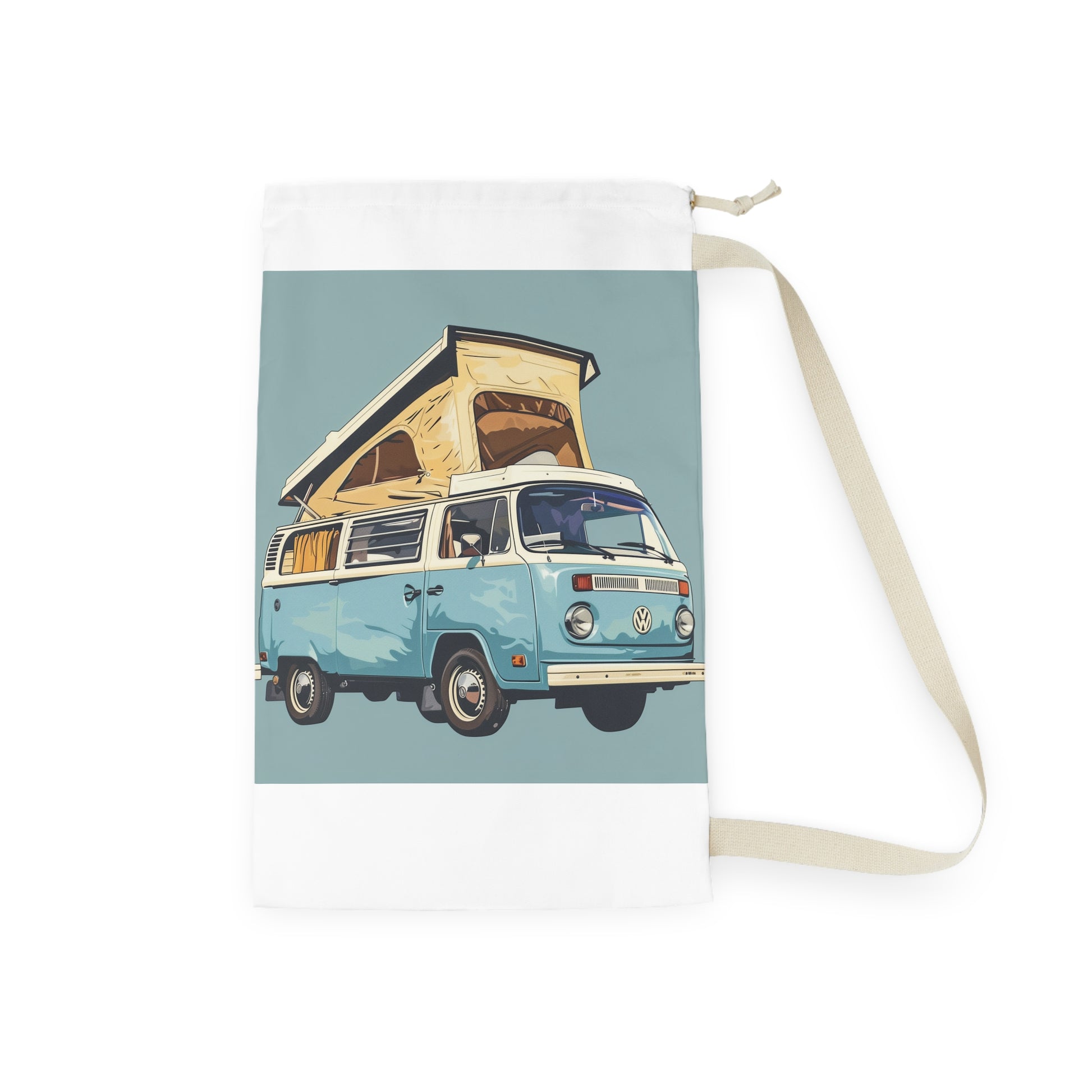 "Light blue retro camper van laundry bag, perfect for stylish laundry transport"