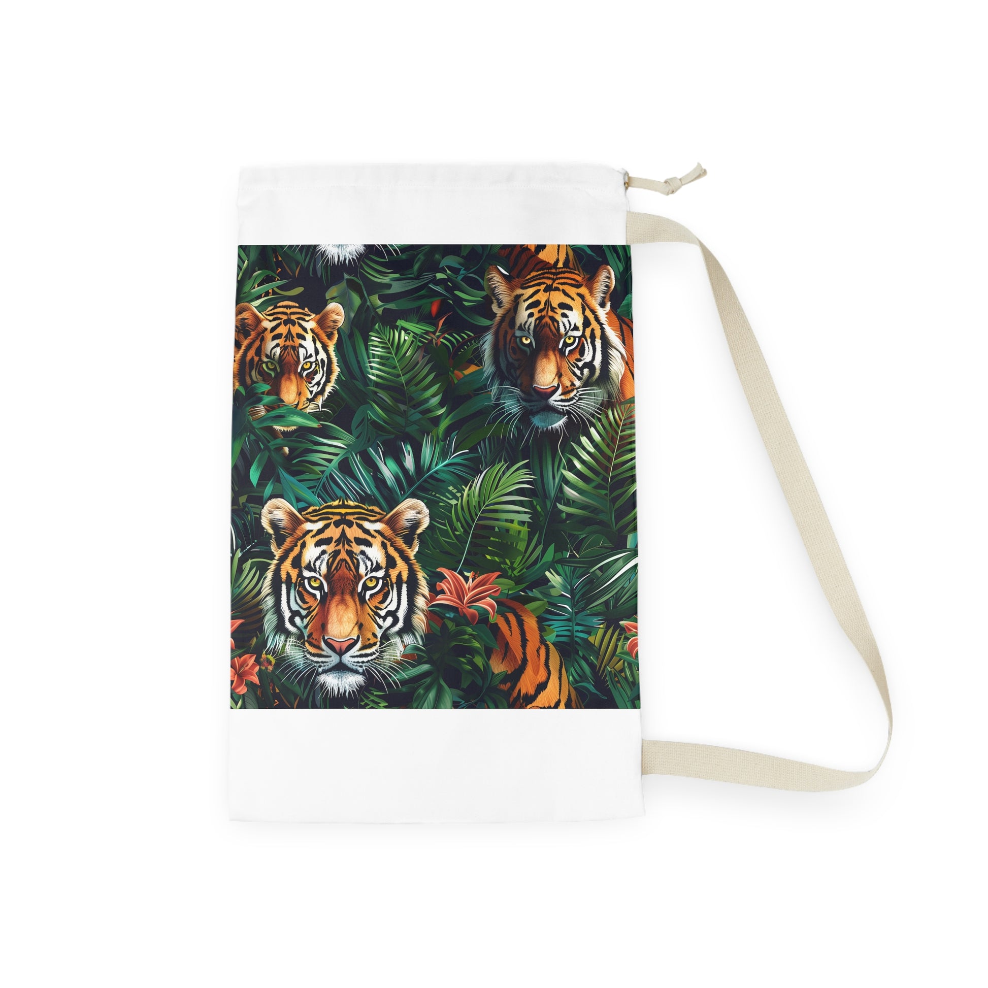 "Jungle Safari Tiger Print Laundry Bag - Stylish and durable for transporting clothes to the laundromat"