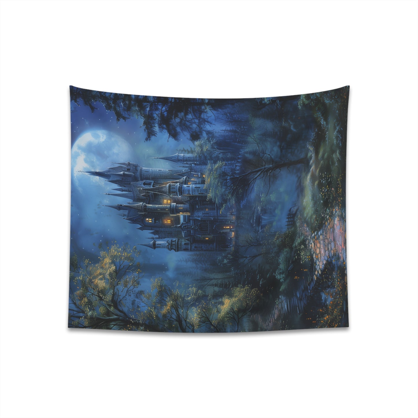 Enchanted Realm Moonlit Castle Tapestry - Majestic castle in moonlight, perfect for fantasy lovers - 34" × 40" or 57" × 57" sizes - High-quality material, ideal for all seasons.