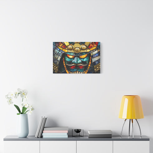 Stained Glass Samurai Mask — Canvas Wall Art — Kiln-Dried Pine Frame & Ready-to-Hang Back View