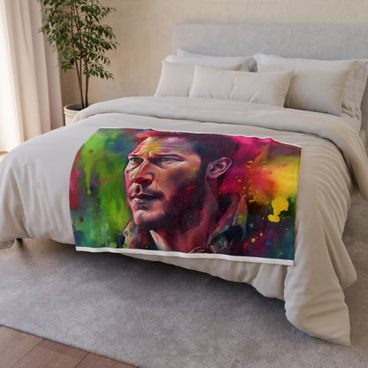 Elevate your space with the Hollywood Radiance Blanket featuring Chris Pratt in neon watercolor. This blanket blends vibrant colors with a captivating design