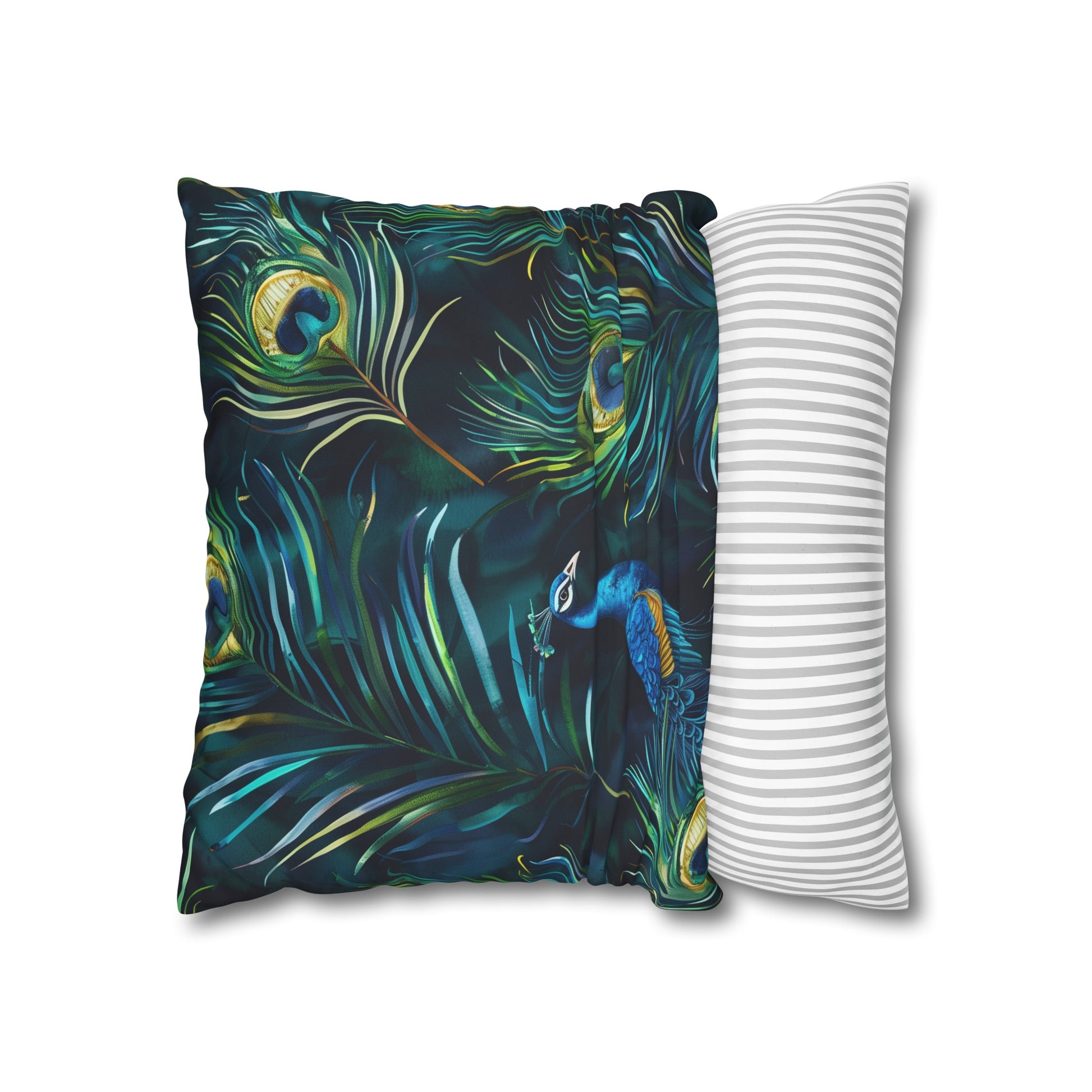 "Vibrant blue peacock feather pillowcase for luxurious bedroom decor"