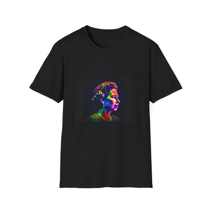 Timeless Majesty in Vibrant Radiance | T-Shirt | Artistic monarch, Colourful portrait, Neon colors, Queen Elizabeth II, Regal fashion, Royal style, Vintage royalty, Watercolor art, Young Queen, Youthful queen | Prints with Passion