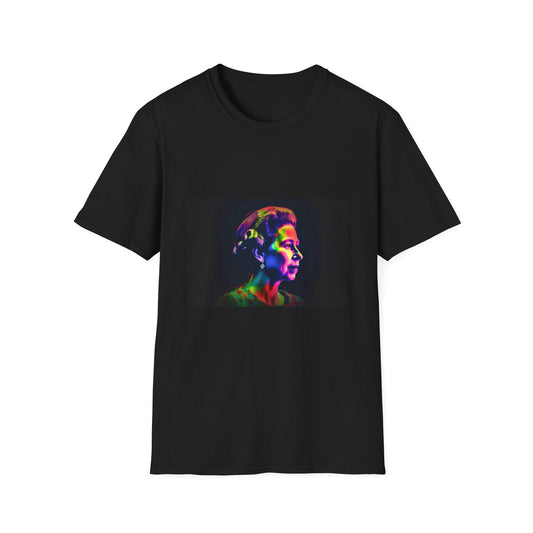 Timeless Majesty in Vibrant Radiance | T-Shirt | Artistic monarch, Colourful portrait, Neon colors, Queen Elizabeth II, Regal fashion, Royal style, Vintage royalty, Watercolor art, Young Queen, Youthful queen | Prints with Passion