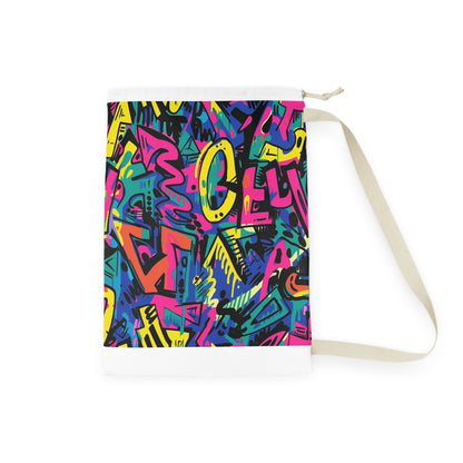 "Vibrant neon graffiti laundry bag, urban style pop of color"