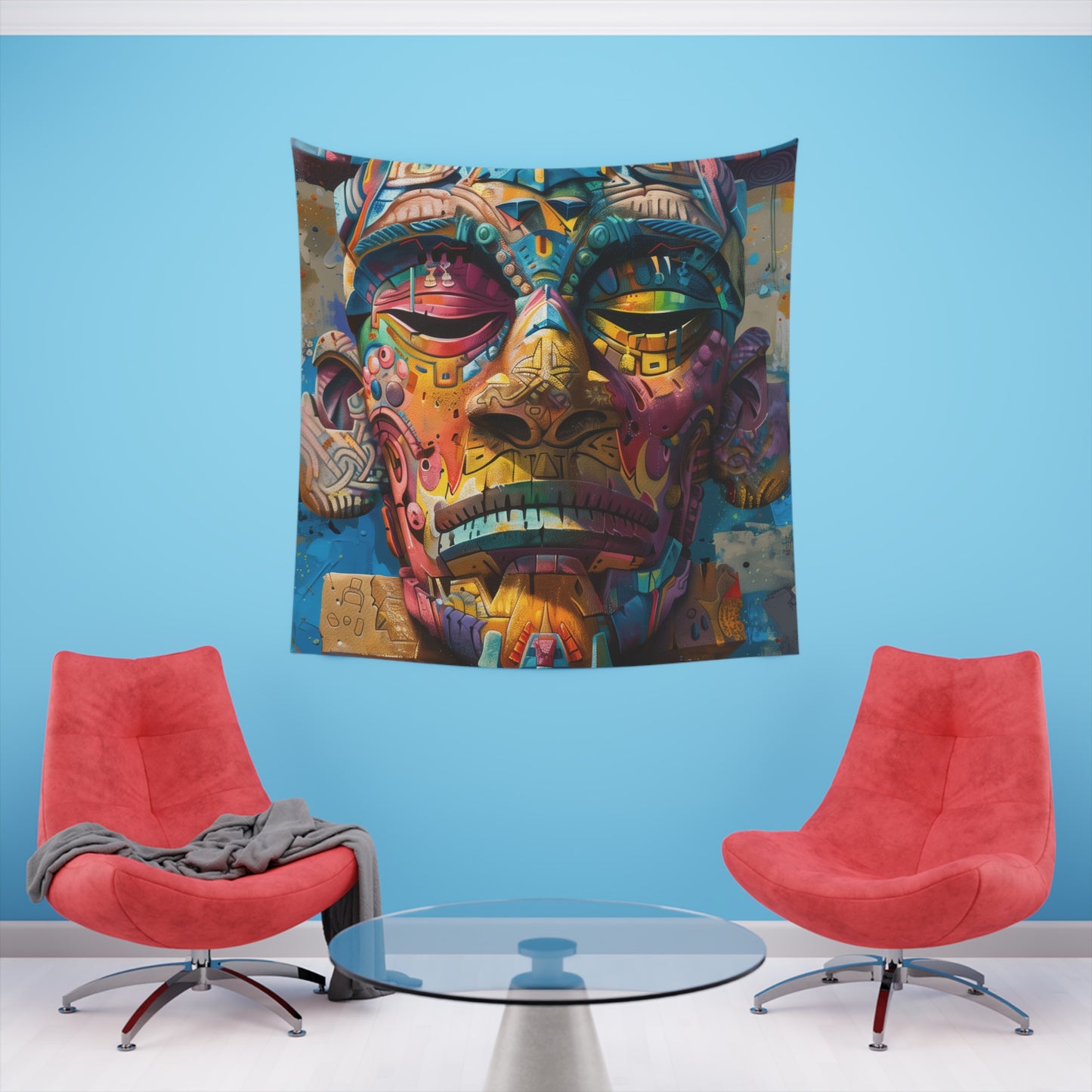 Neon Tribe: A Mask Tapestry | Wall Tapestry | All Over Print, AOP, Decor, Halloween, Home & Living, Home Decor, Indoor, Spring Essentials, Sublimation, Tapestry | Prints with Passion