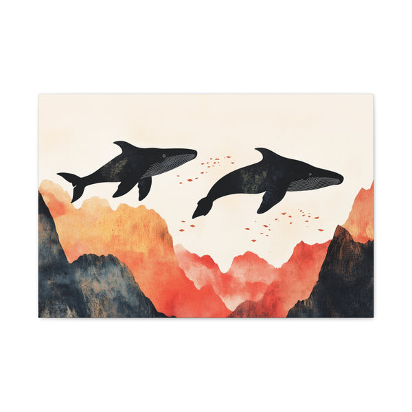 Sky Whales Swimming Through Mountains — Canvas Wall Art — Living Room Wall Lifestyle View