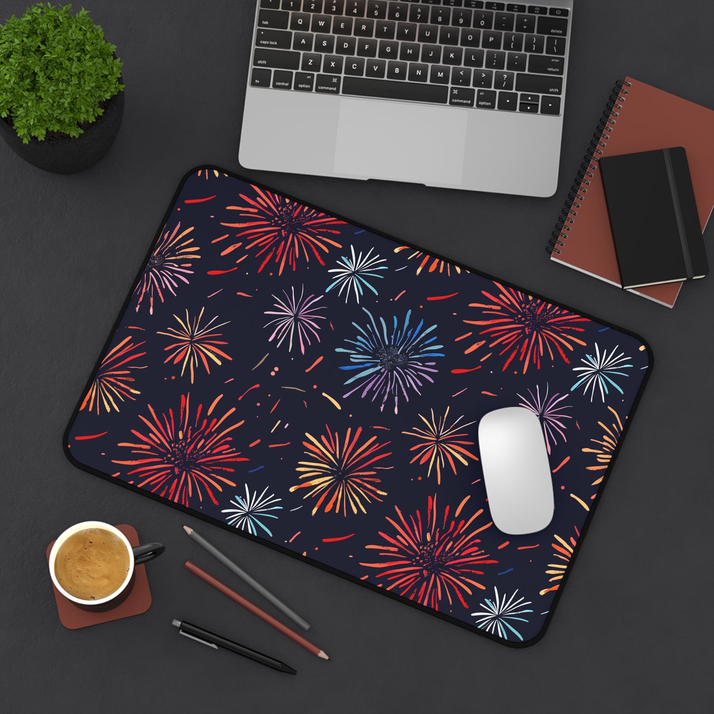 "Colorful fireworks pattern desk mat adds festive touch to workspace, protect desk in style"