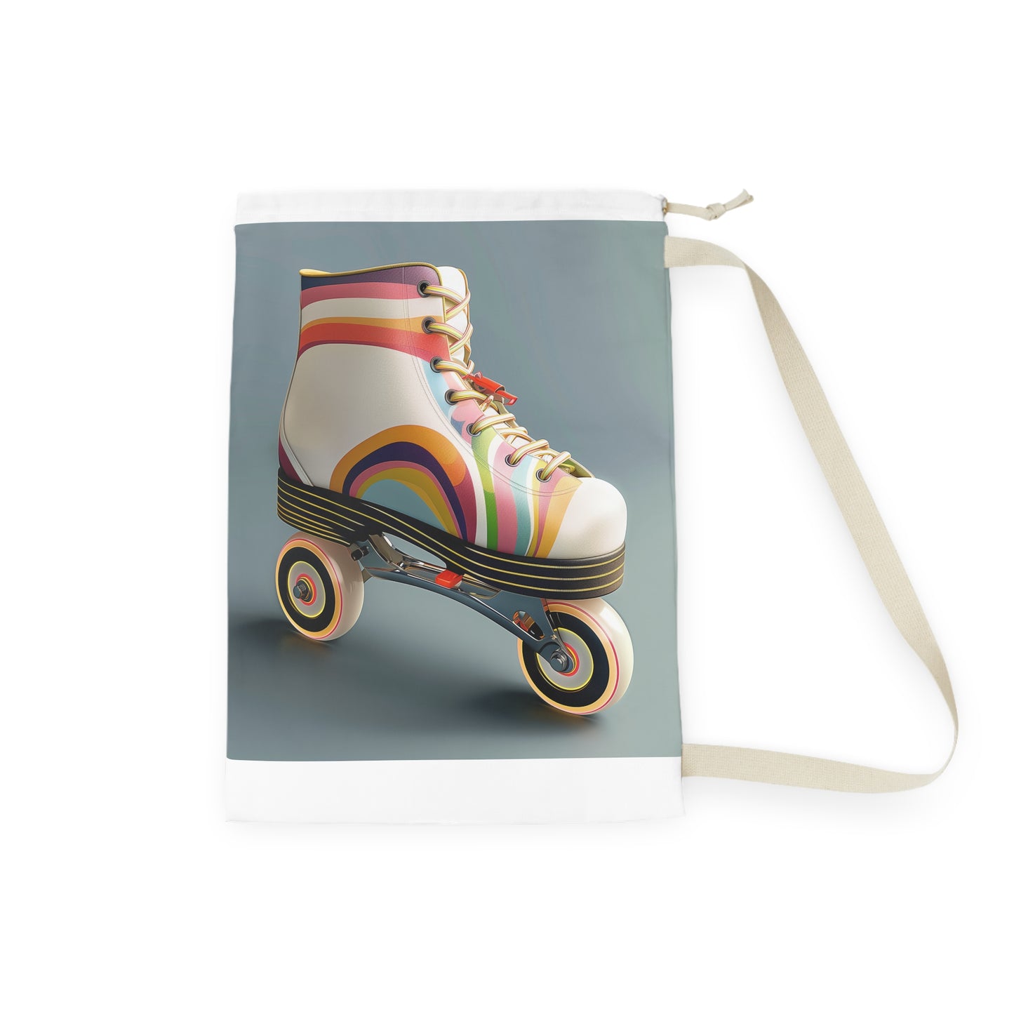 "Colorful retro roller skate laundry bag with vibrant stripes for a playful laundry routine"