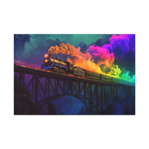 Ghostly Train Crossing Rainbow Bridge — Canvas Wall Art — Living Room Wall Lifestyle View