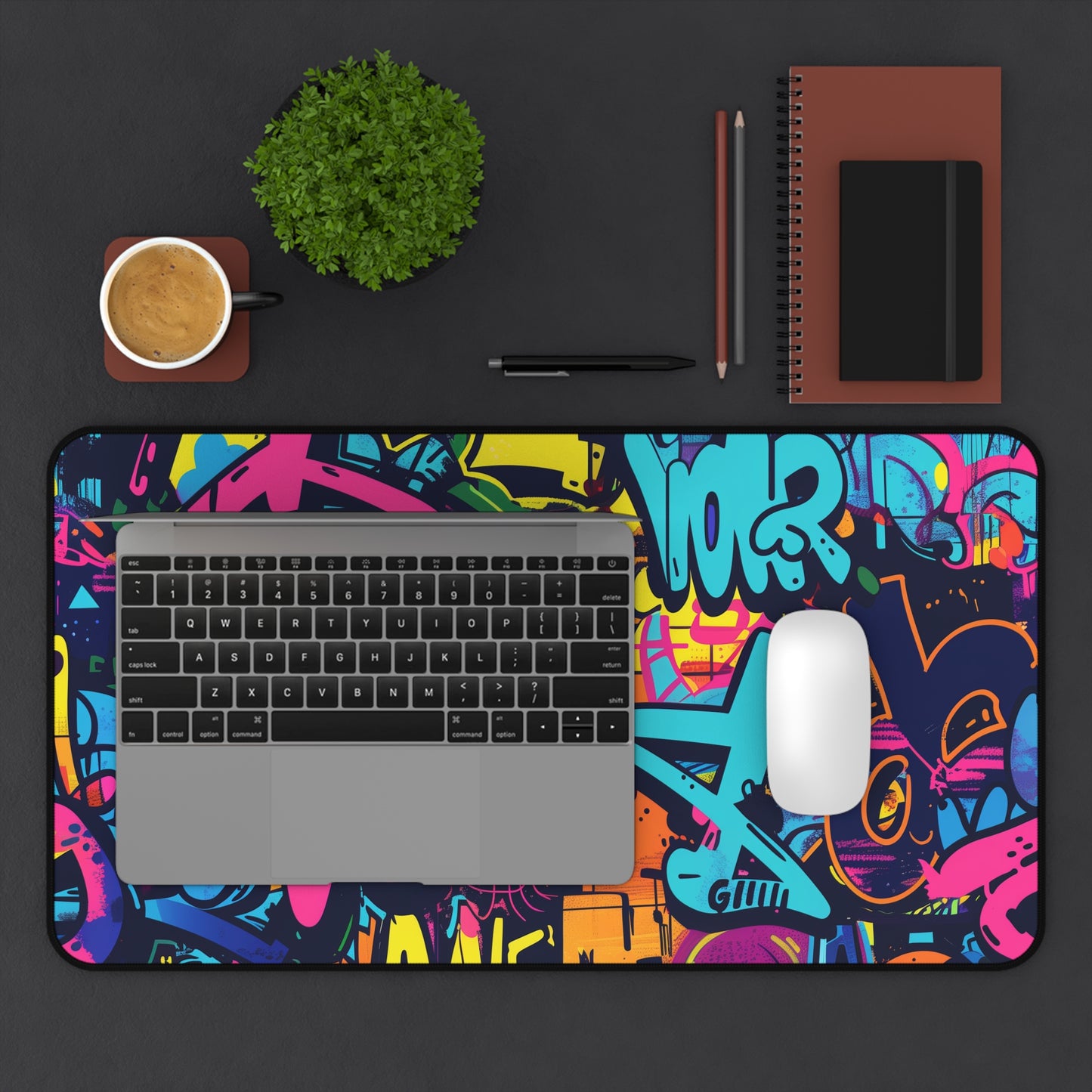 "Vibrant neon urban graffiti desk mat for stylish workspace protection"