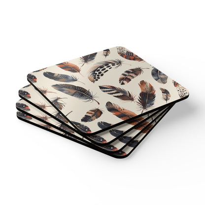 Boho Feathers Corkwood Coaster Set