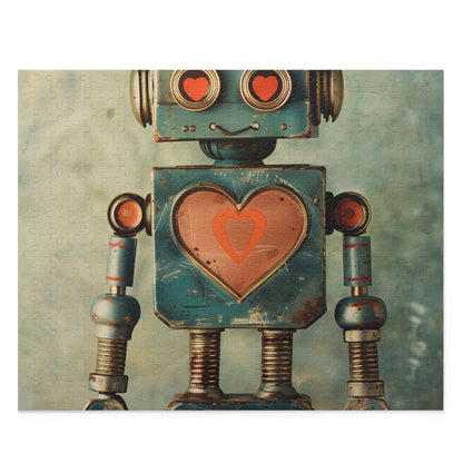 Retro robot jigsaw puzzle with heart symbol, perfect for nostalgic robot lovers.