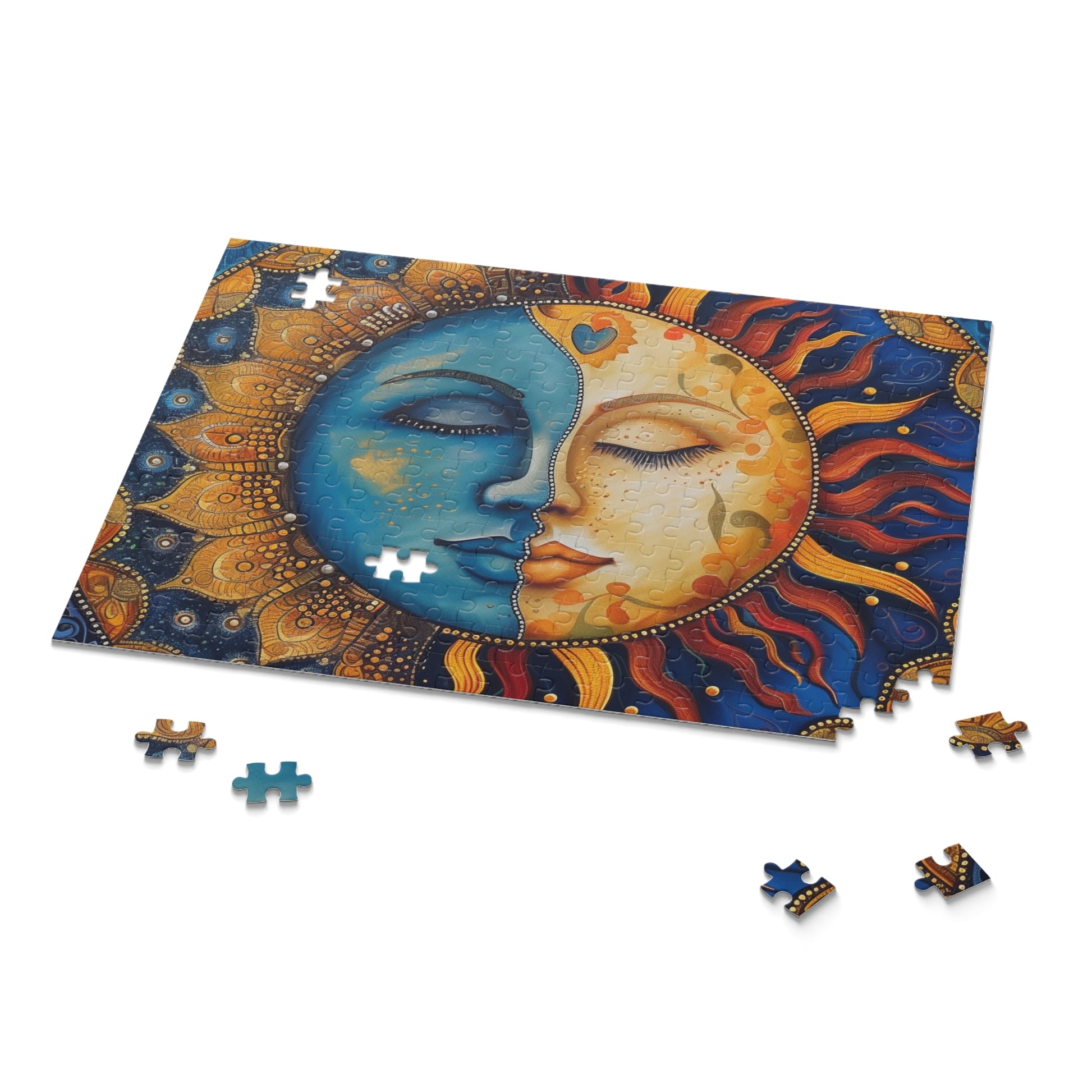 "Celestial Mandala Puzzle - Dive into the serene beauty of sun and moon design, tranquil and captivating"