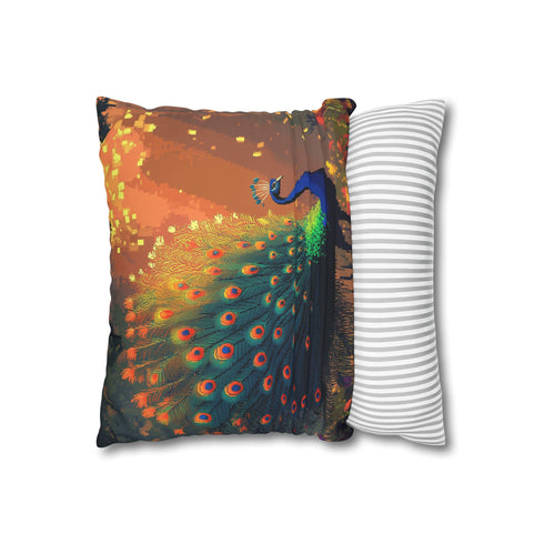 Ghost Peacock in Pixel Forest (Edition II) — 40×40 Cushion Cover — Soft Brushed Fabric Texture Close-Up