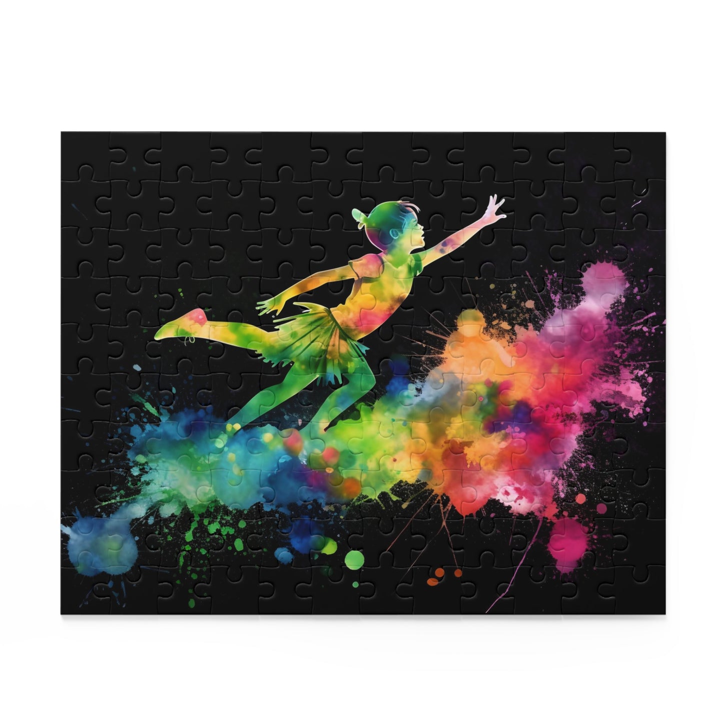 "Peter Pan Watercolor Neon Puzzle - vibrant jigsaw with beloved characters in neon watercolor"