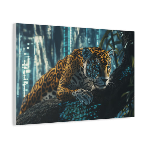 Cybernetic Jaguar in Data Jungle — Canvas Wall Art — Side Profile & Stretched Corner Detail
