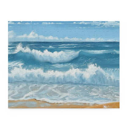 "Serene wave crashing on vibrant surfboard jigsaw puzzle for beach lovers"