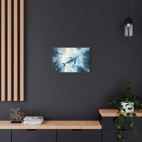 Glass Whale Swimming Through Skyscrapers — Canvas Wall Art — Product Detail View 5