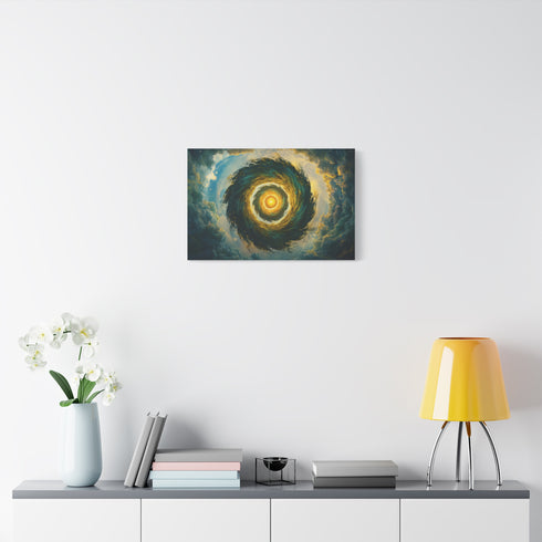 Spiral Planet Orbiting Fractal Sun — Canvas Wall Art — Kiln-Dried Pine Frame & Ready-to-Hang Back View