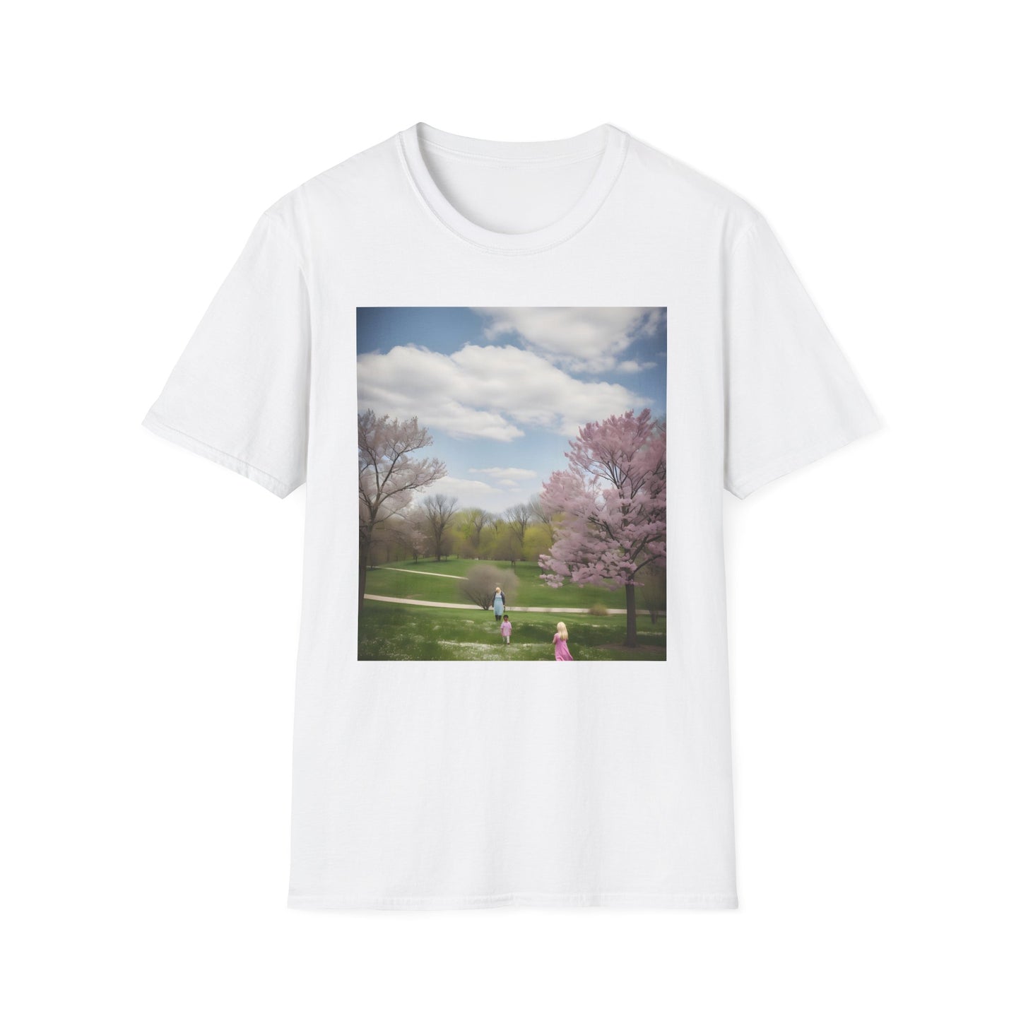 Alt text: "A Canvas of Joy in Nature's Embrace T-shirt featuring a vibrant suburban park scene with blooming flowers, families, and sunshine"