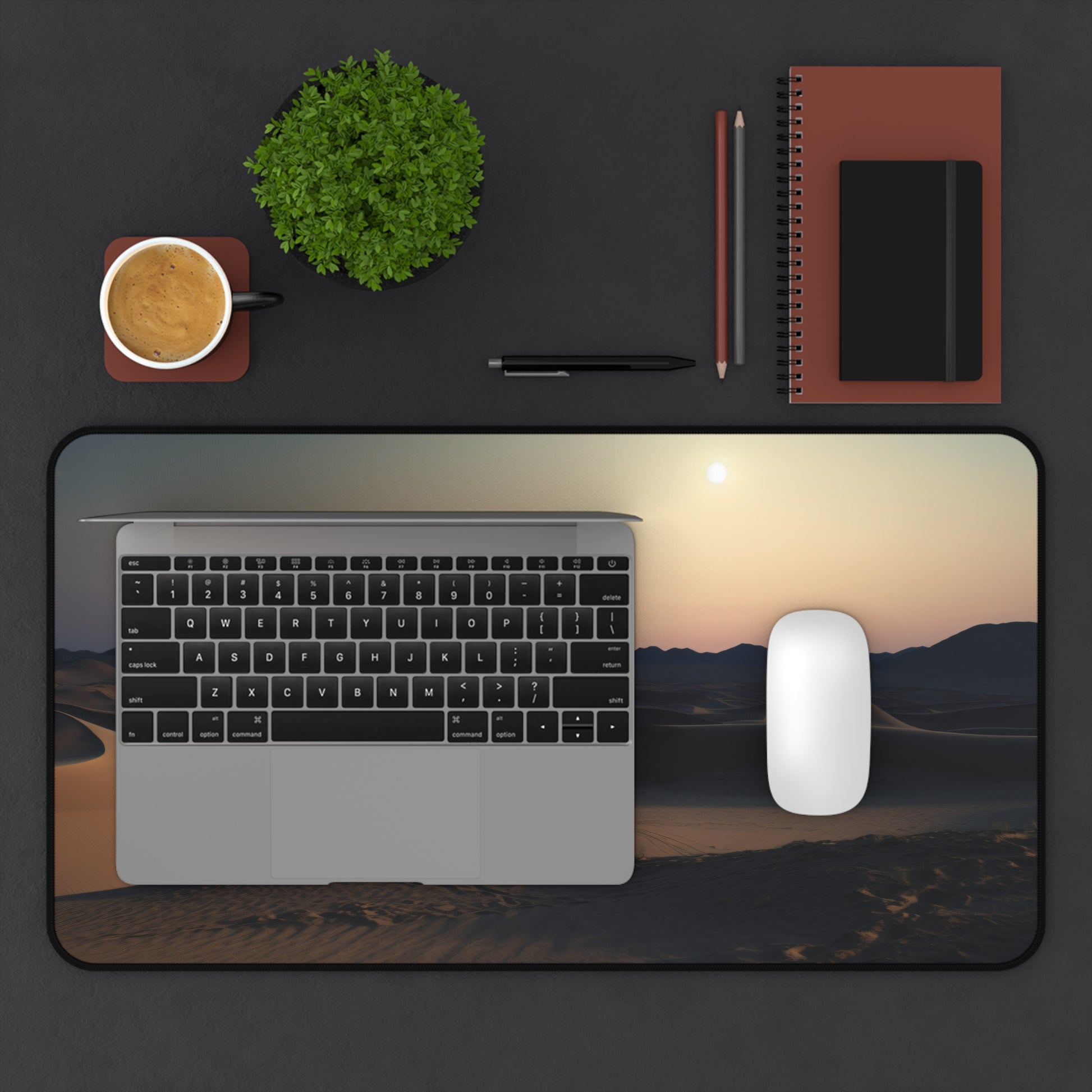 Moonlit Desert Desk Mat - Create a Serene Oasis at Your Workspace with Full Moon Over Sand Dunes - Elevate Your Desktop Aesthetic