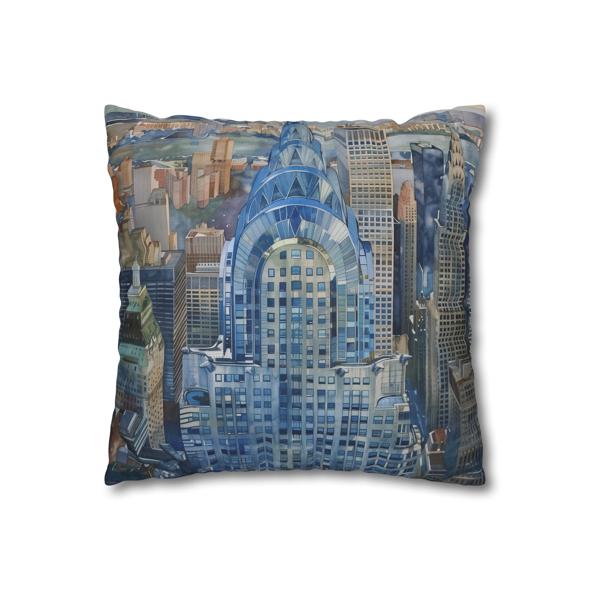 "NYC skyline watercolor pillowcase - high-quality, comfortable and stylish bedding featuring the iconic Chrysler Building. Perfect for all seasons and makes a great gift. Shop now!"