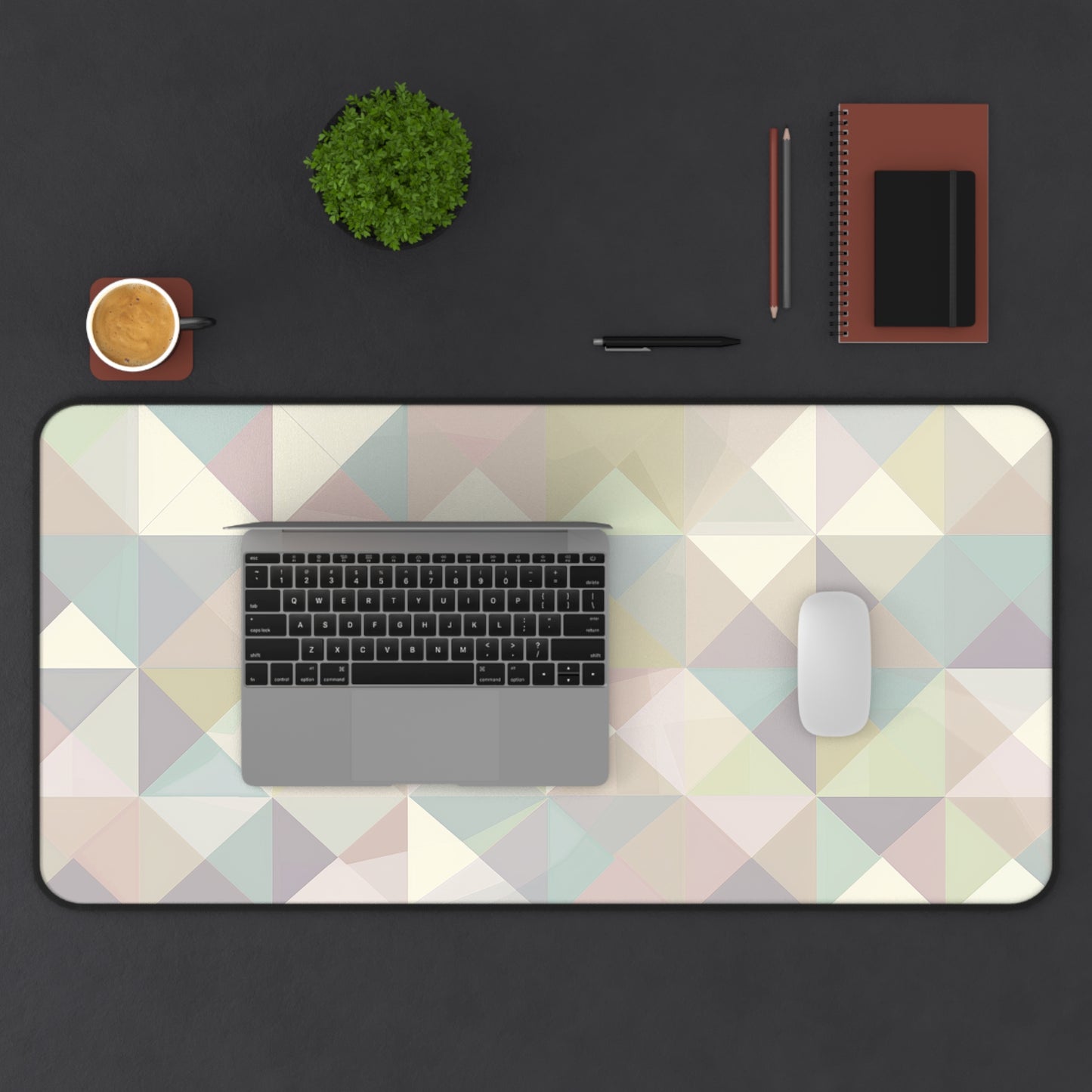 "Stylish Pastel Geometrics Desk Mat - Chic seamless pattern in soft, muted colors for elevated workspace decor"