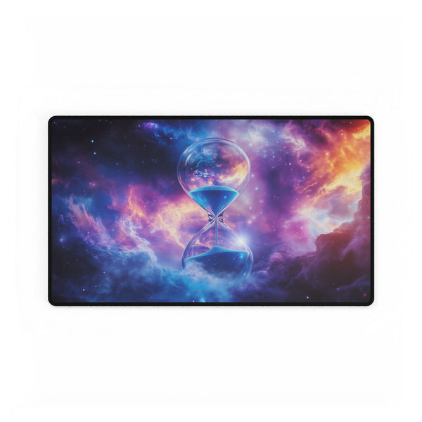 Floating Hourglass in Cosmic Nebula — XL & XXL Desk Mat — Gaming & Workspace Desk Setup View