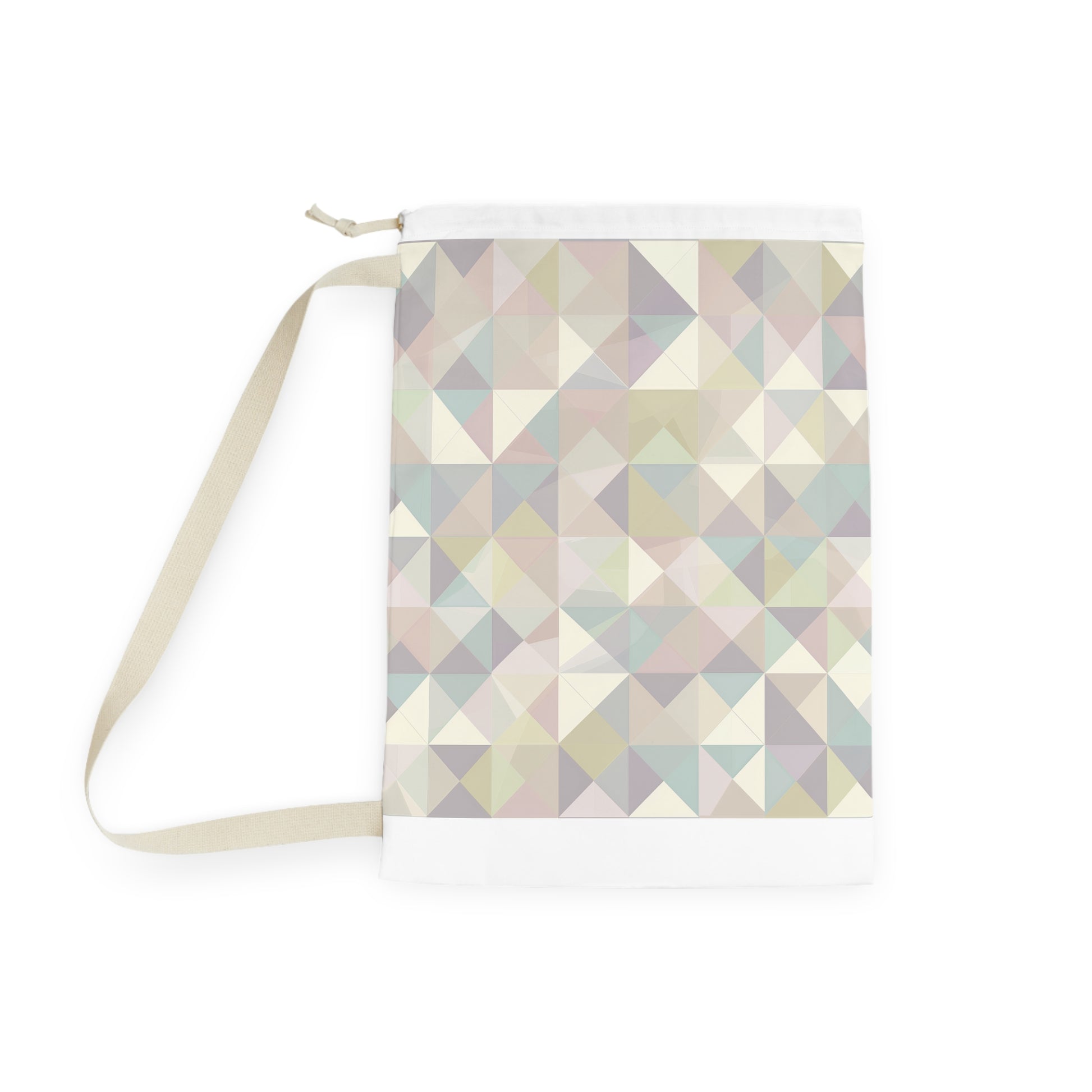 Soft pastel geometric laundry bag for organized and stylish laundry routine.