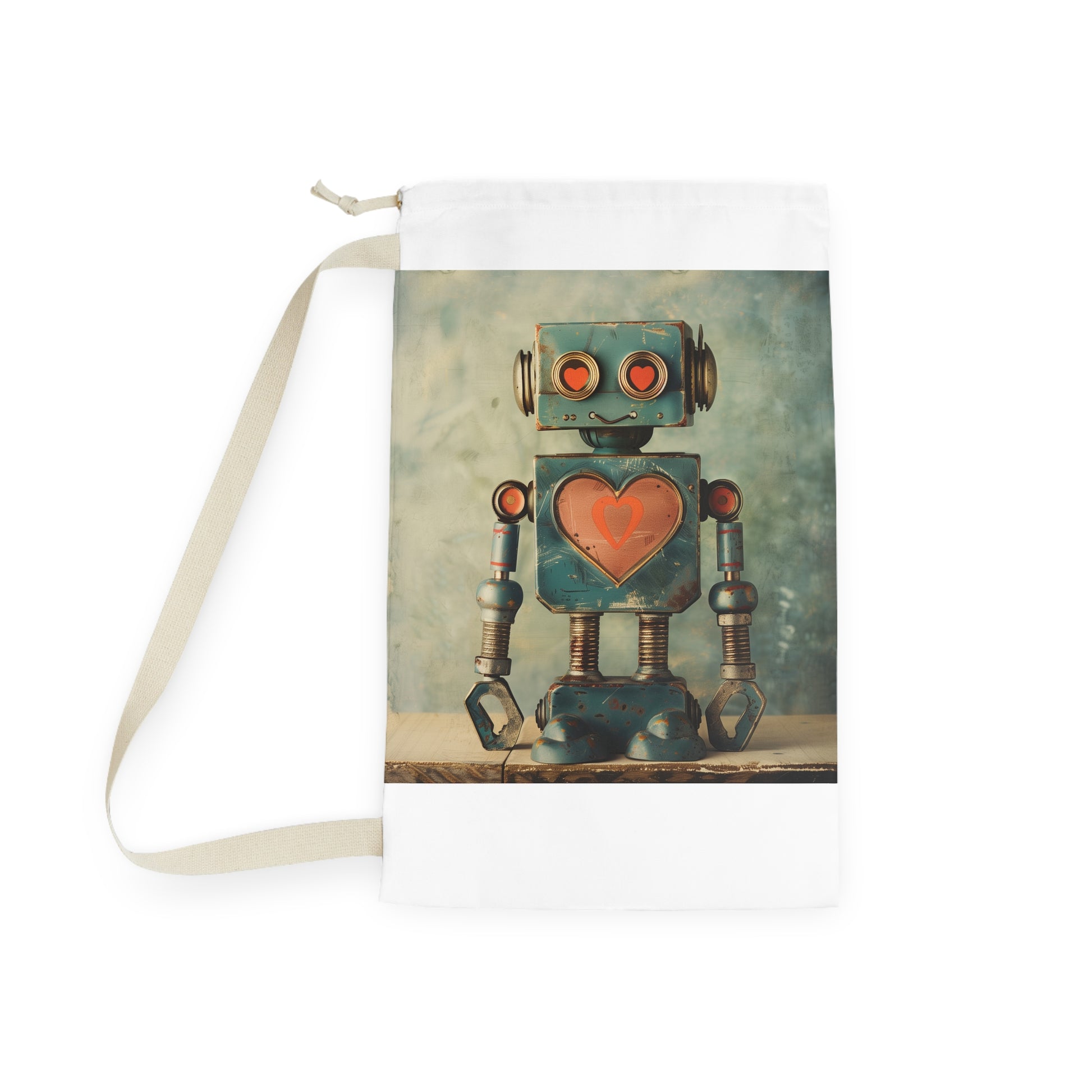 "Retro Robot Love Laundry Bag with Heart Symbol Design for Stylish Laundry Organization"