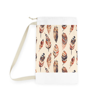 "Boho feathers laundry bag with seamless pattern for stylish laundry transport"