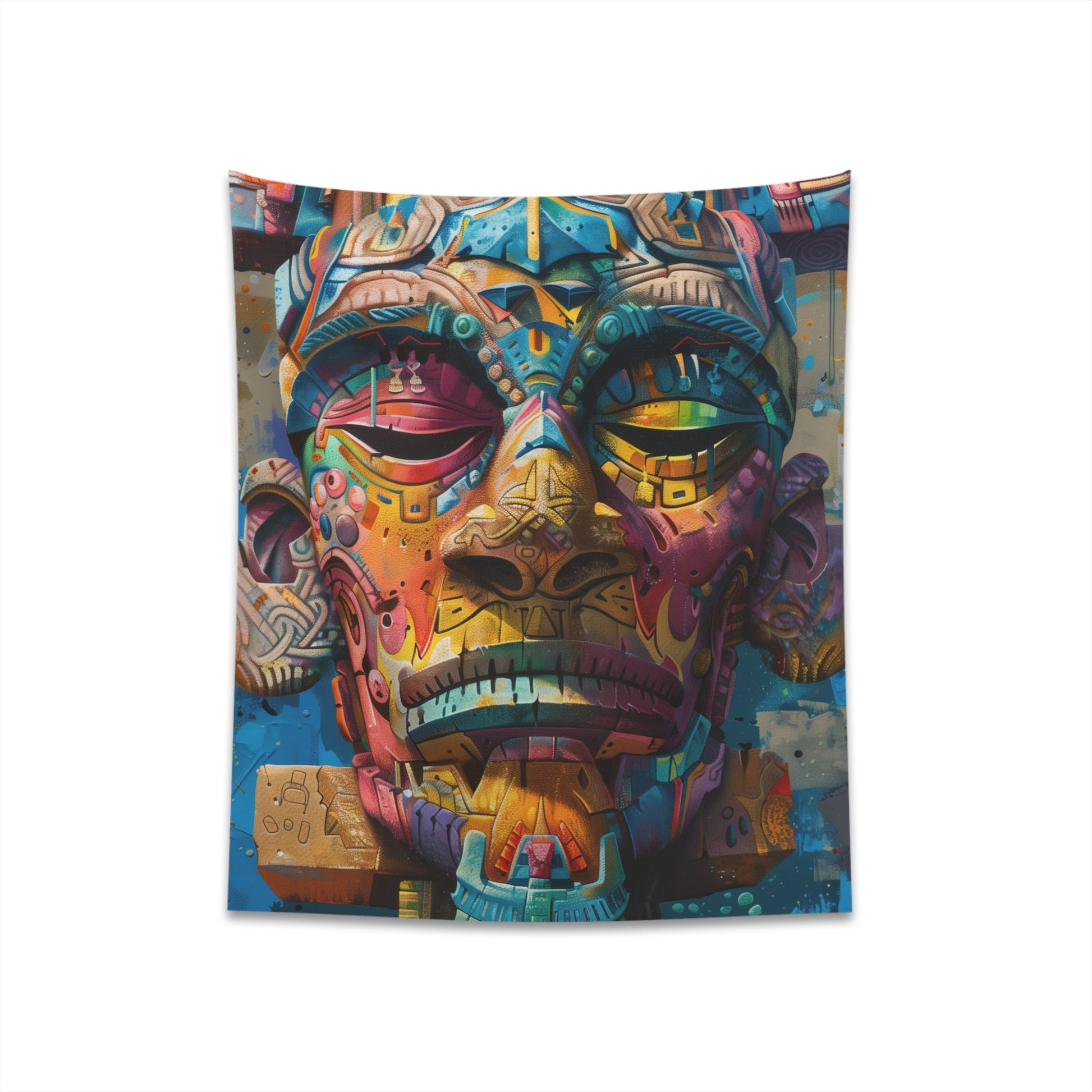 "Neon Tribe: Tribal Mask Tapestry | Vibrant Neon Hues | High-Quality Material | Perfect Gift Idea"