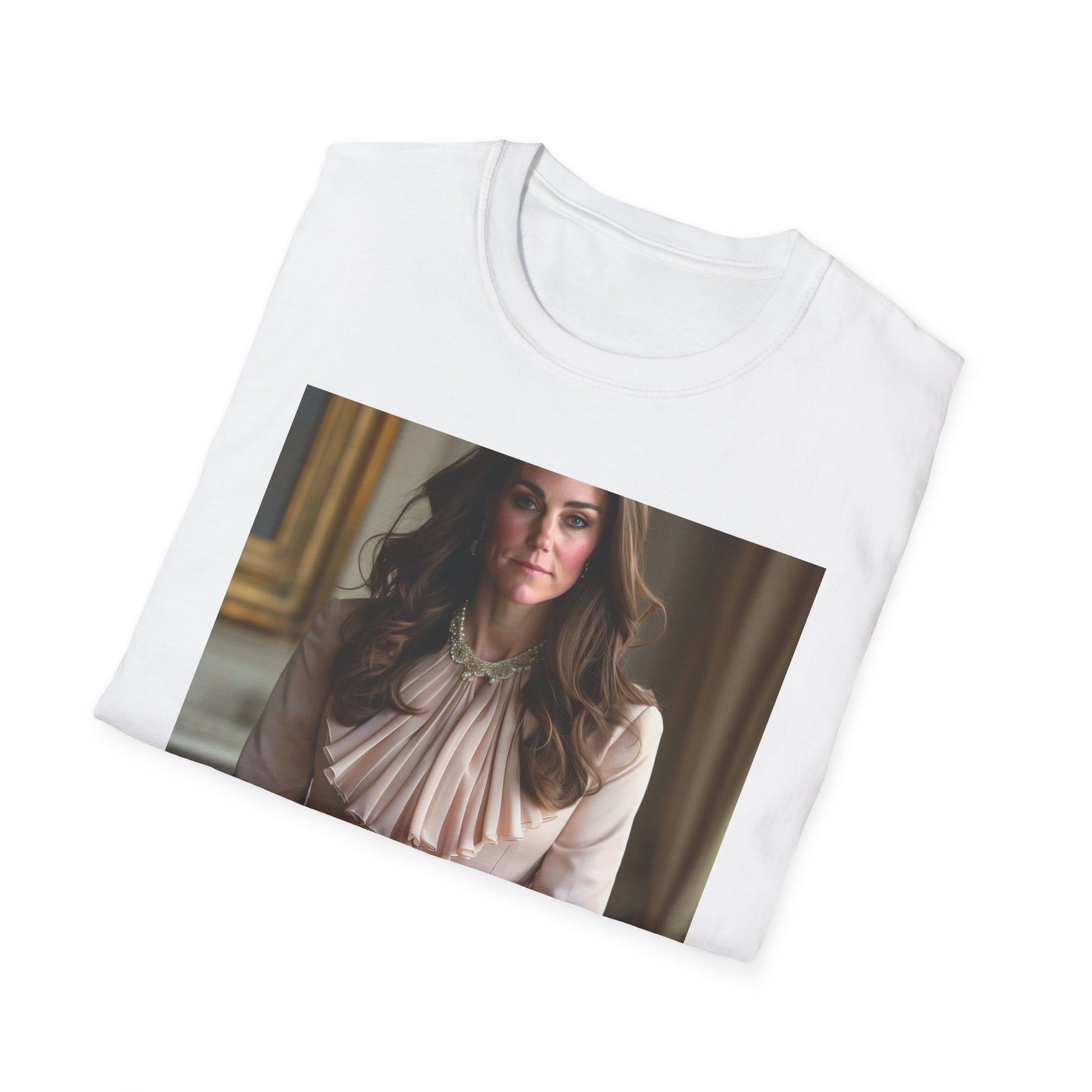 "Royal Tapestry T-shirt inspired by Kate Middleton's elegance and legacy, featuring soft brushstrokes and sophisticated colors. Celebrate the Duchess of Cambridge's impact with this captivating tee. Embody inner strength and grace. Perfect for those who admire Kate Middleton's unwavering commitment. Let her presence guide you towards a life of purpose and timeless elegance."