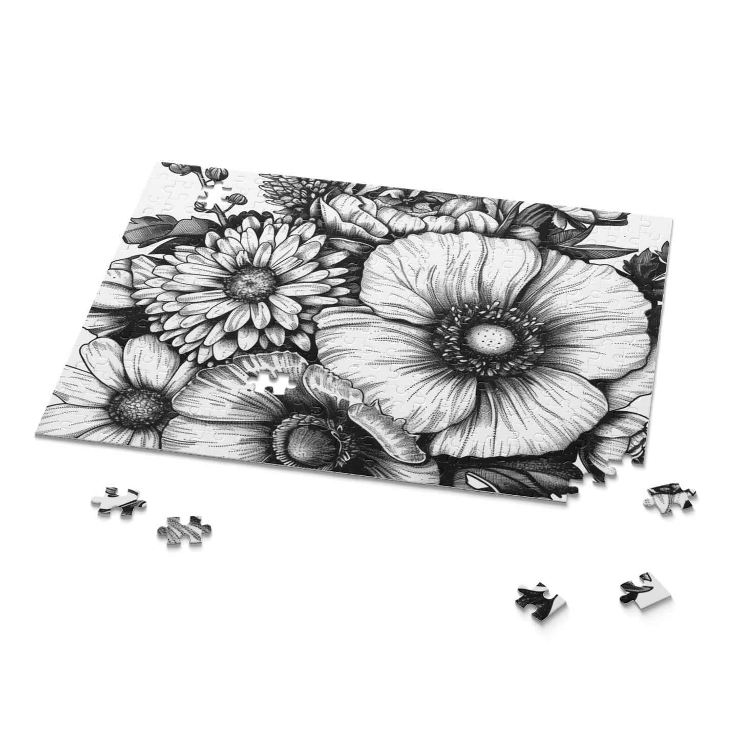 "Floral Bliss Jigsaw Puzzle - Hand-drawn flowers for a relaxing garden escape"