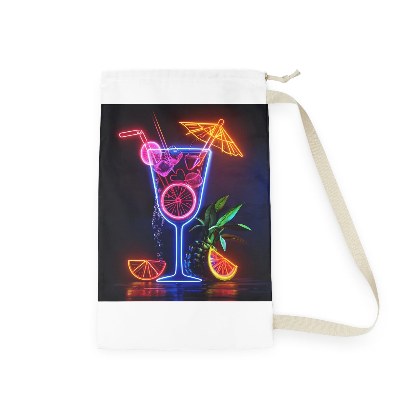 "Neon sign laundry bag with tropical cocktail design, stay organized and stylish in laundry routine"