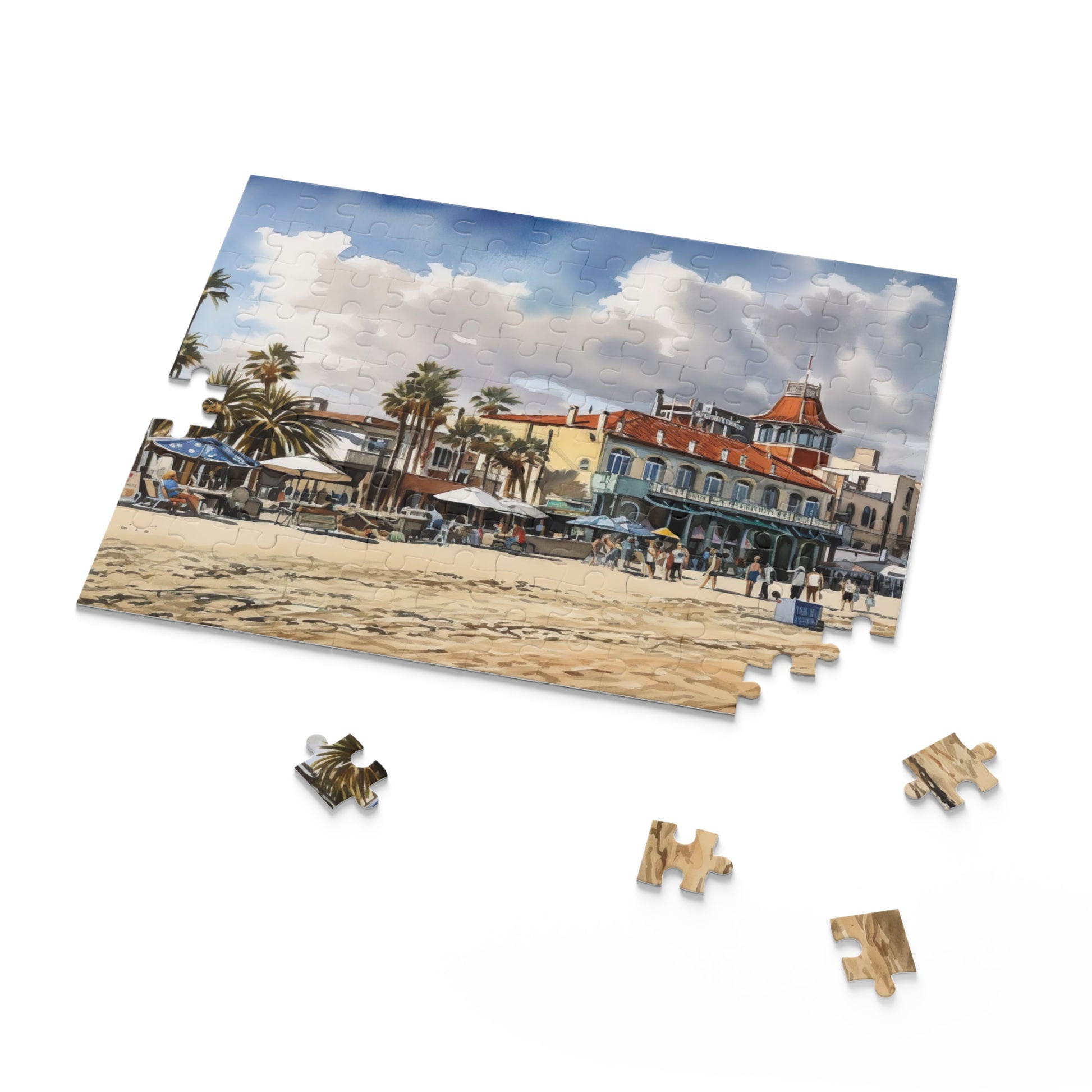 "Colorful Venice Beach jigsaw puzzle, vibrant image of beachfront with buildings and palm trees"