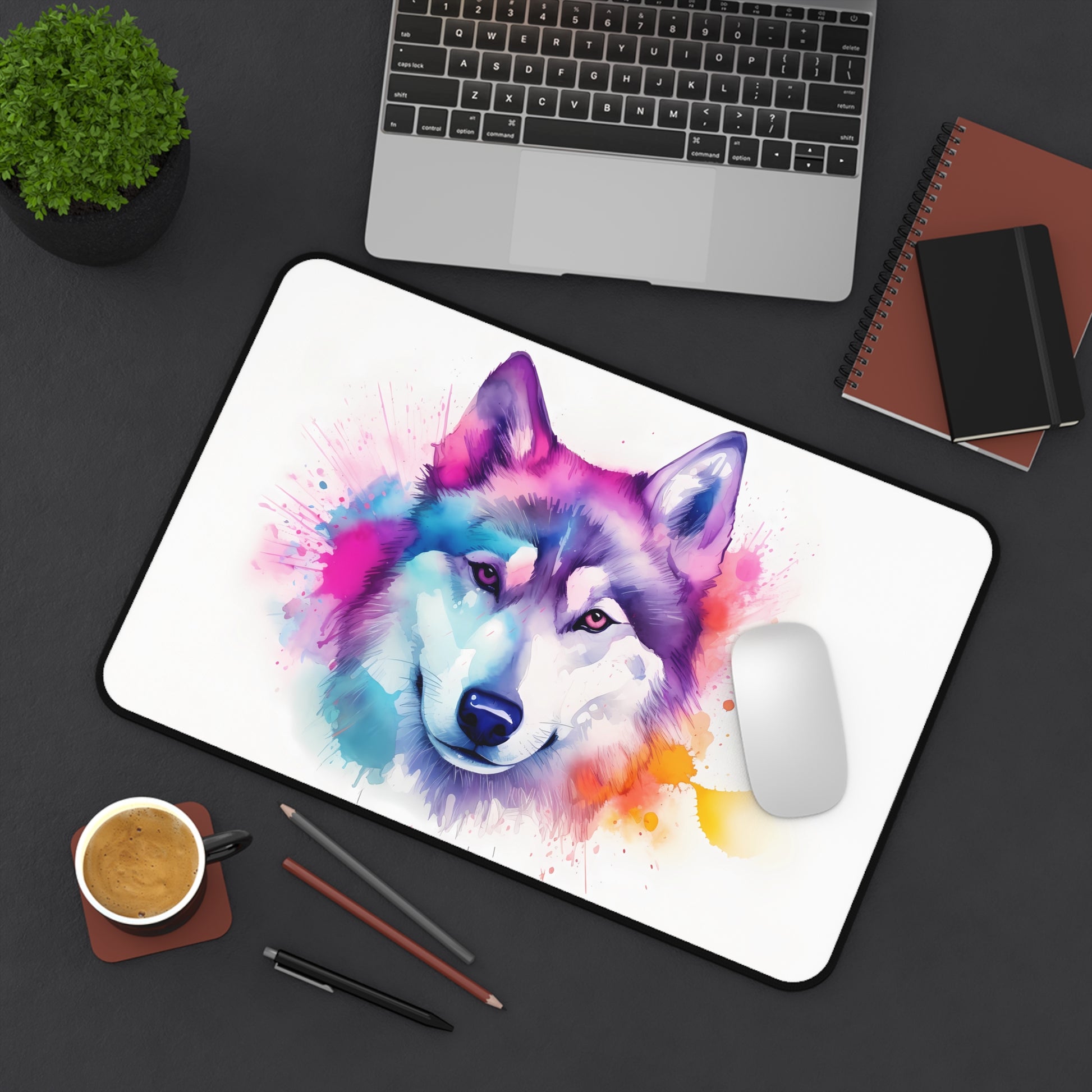 "Adorable Husky Haven Desk Mat - Add personality to your workspace with vibrant and cute design"