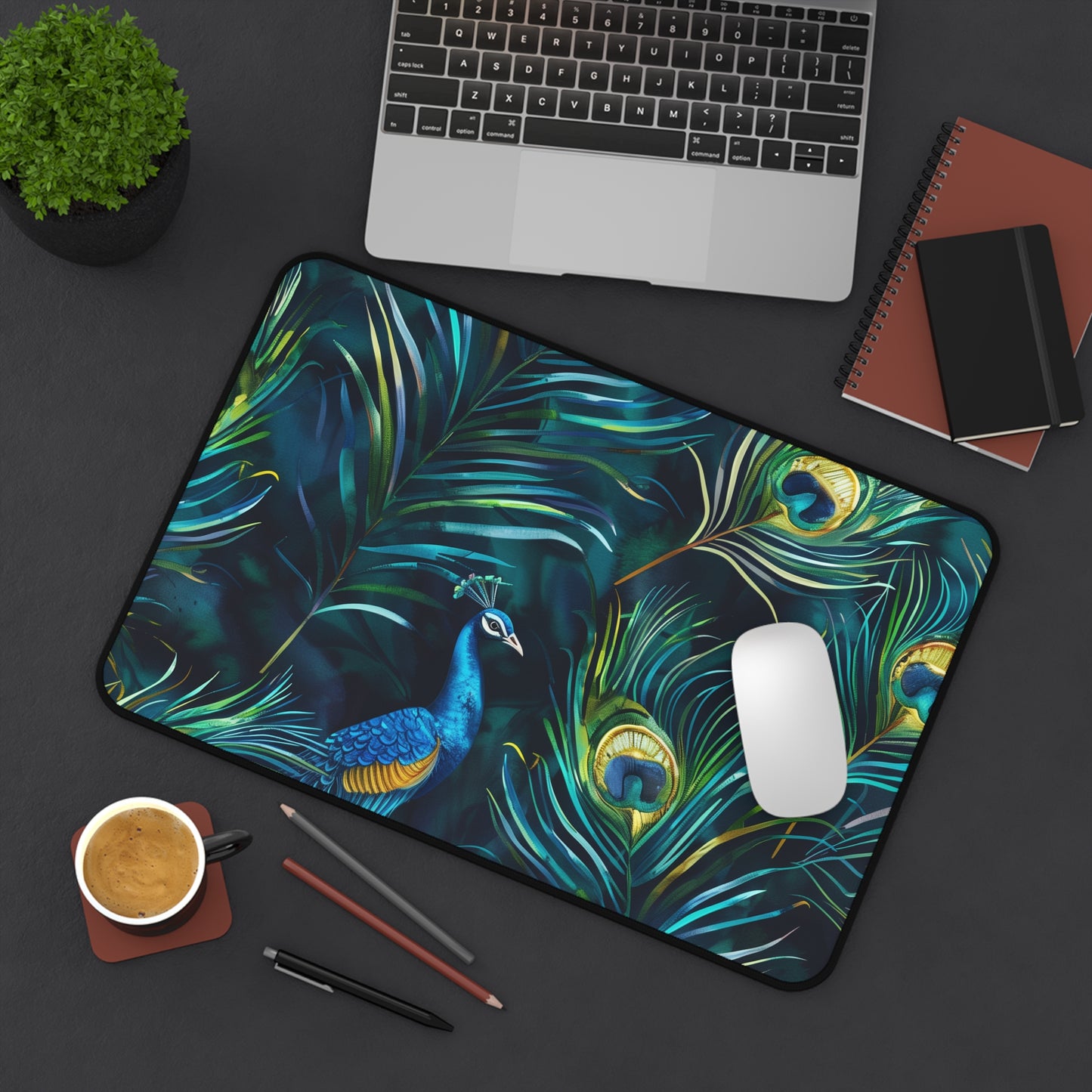 "Vibrant blue peacock feather desk mat - elegant and stylish workspace accessory"