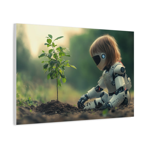 A Robot Child Planting a Real Tree Stretched Canvas Wall Art