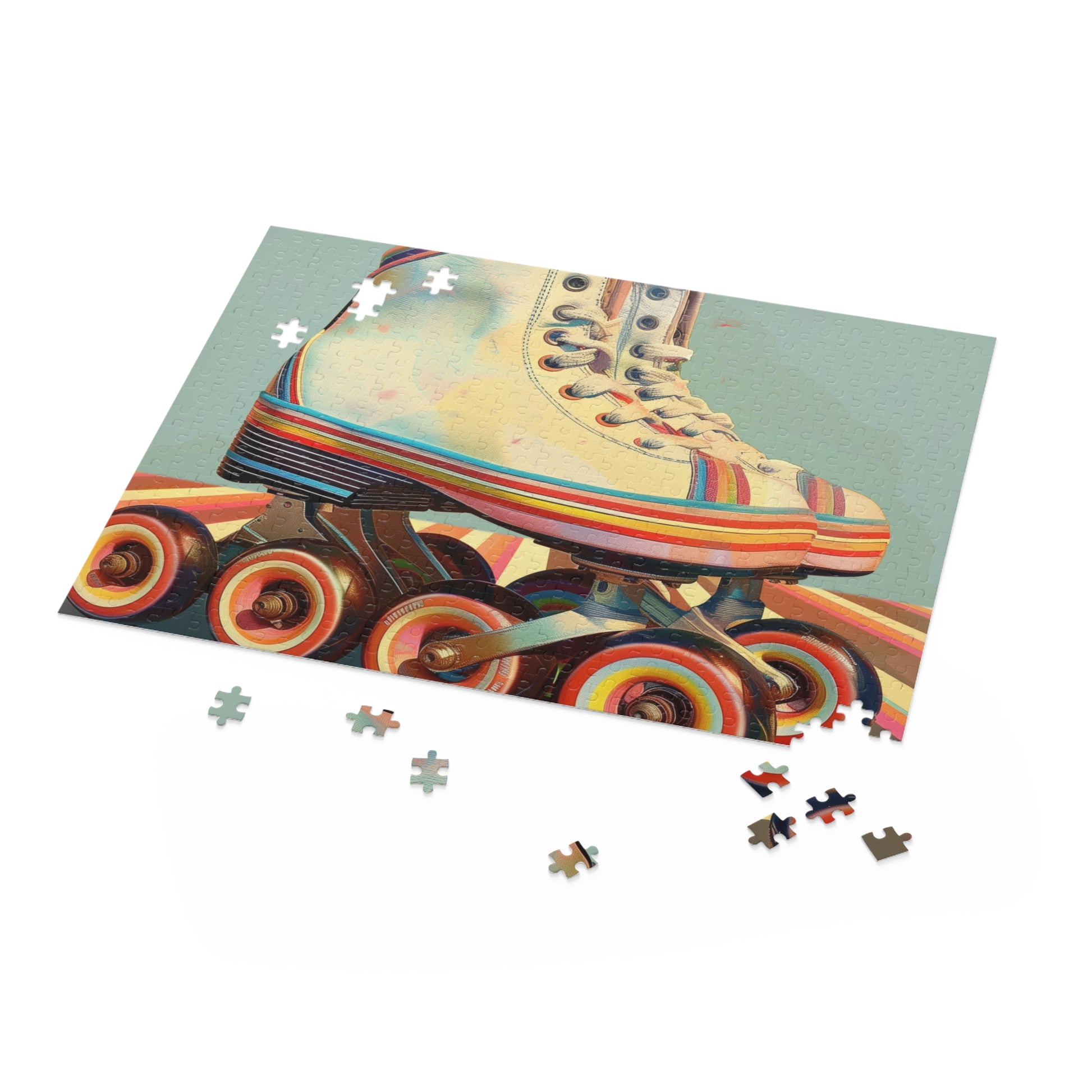 "Retro Skates Puzzle Fun - Colorful jigsaw puzzle featuring vibrant retro roller skates, perfect for puzzle enthusiasts and lovers of nostalgic design"