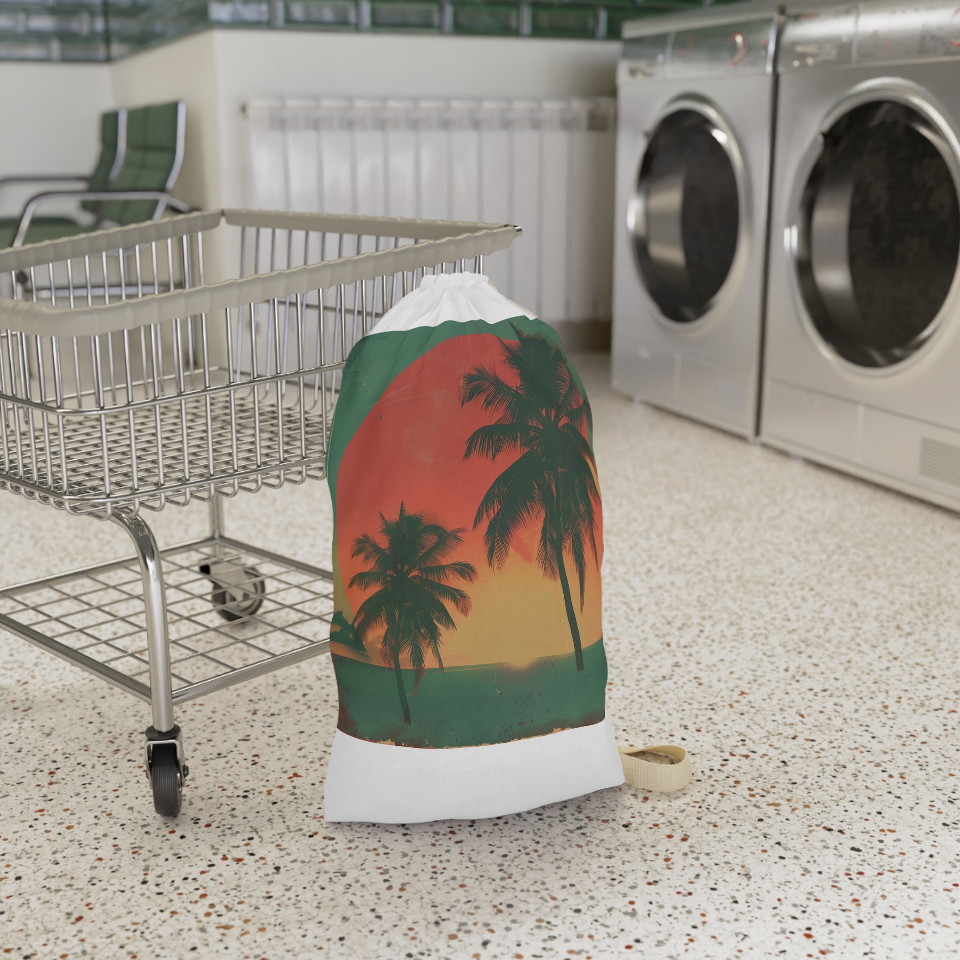 "Retro sunset palm tree laundry bag, stylish storage for clothes, nostalgic vibes"