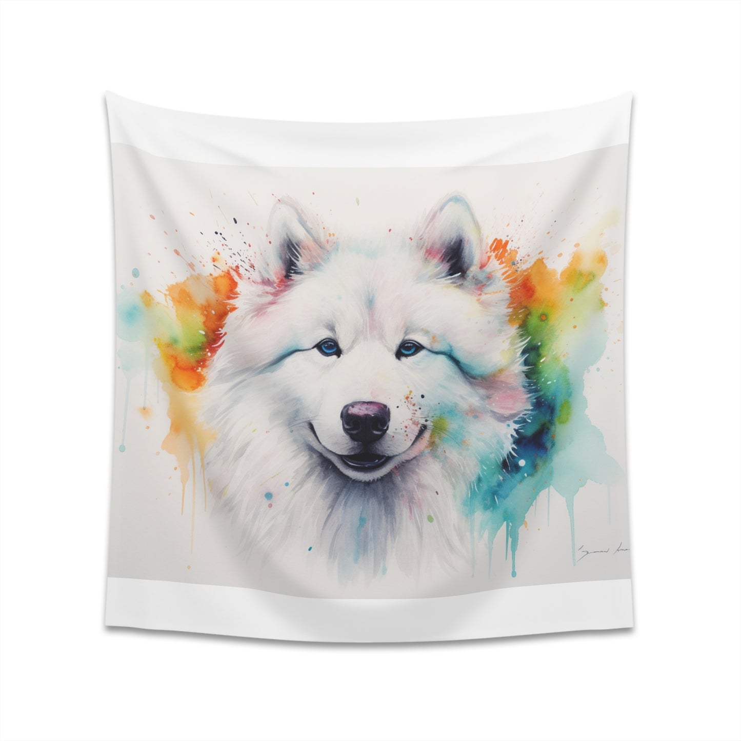 Samoyed Smiles Watercolor Tapestry: High-quality, charming home decor for dog lovers