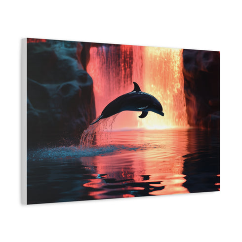 Holographic Dolphin Jumping from Mirror Pool — Canvas Wall Art — Side Profile & Stretched Corner Detail