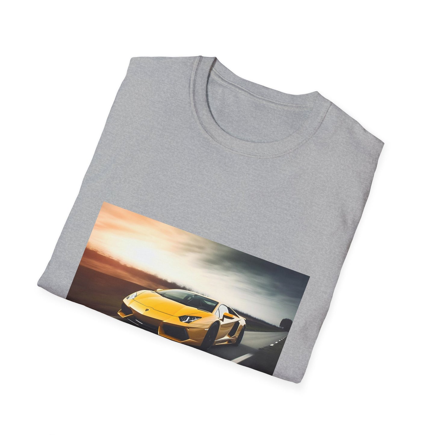 "Adrenaline Rush on Four Wheels T-shirt featuring a vibrant Lamborghini mid-race for high-octane adventure enthusiasts"