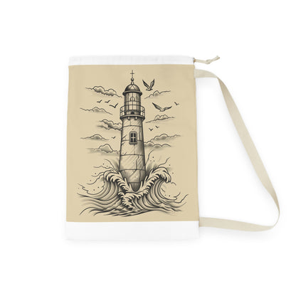 Nautical-themed light-up lighthouse laundry bag with waves design for coastal vibes at home