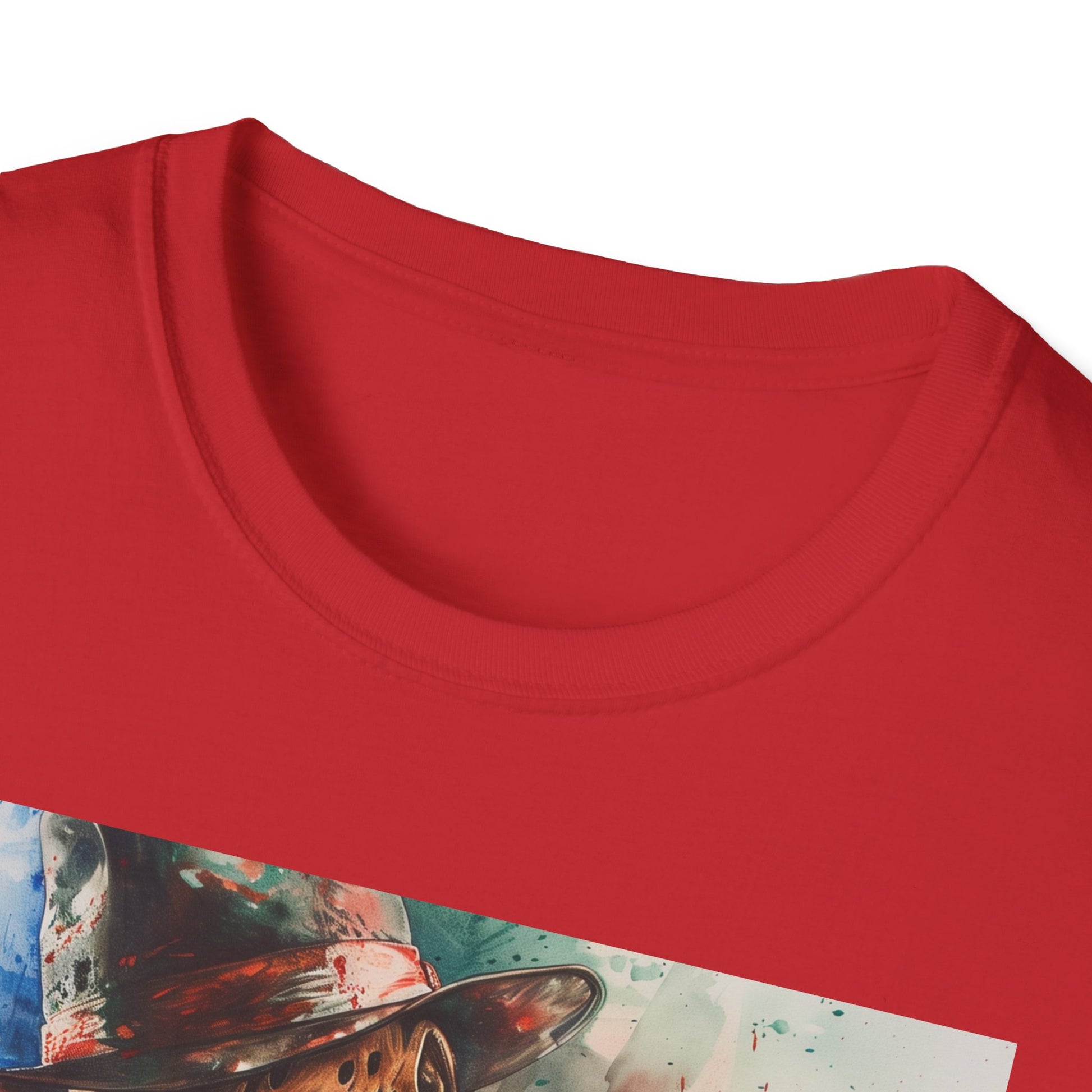 Alt text: "Freddy Krueger t-shirt showcasing the iconic villain's face, perfect for horror fans. High-quality material makes it comfortable and stylish for everyday wear. A must-have for Nightmare on Elm Street enthusiasts."