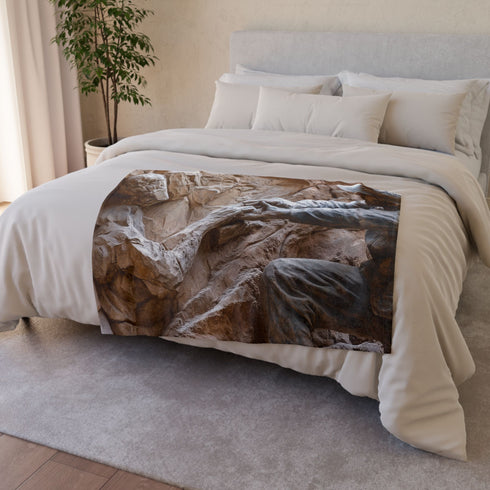 Warrior Carving Time into Rock Wall — Plush Fleece Throw Blanket — Product Detail View 6