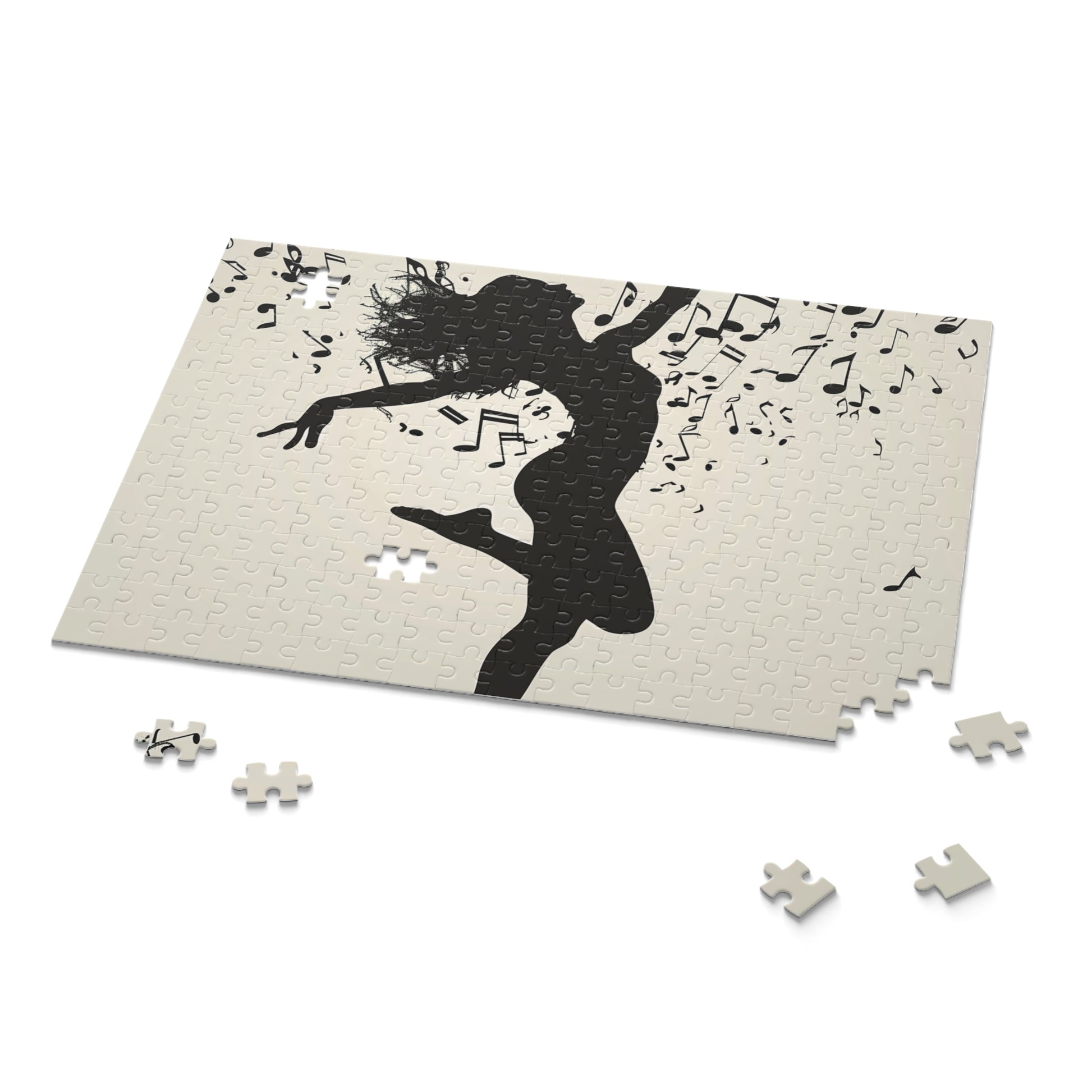 "Mesmerizing Dancer's Musical Silhouette Puzzle - Elegant jigsaw of dancer and musical notes"