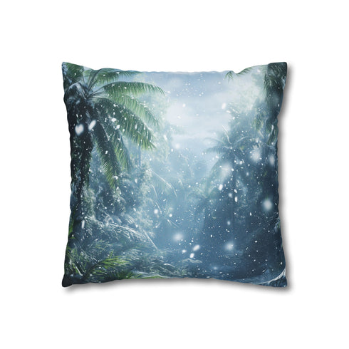 Digital Snow Falling in Tropical Jungle (Edition II) — 40×40 Cushion Cover — Double-Sided Back & Concealed Zip Detail